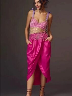 Maeve by Anthropologie Fuchsia Satin tulip skirt